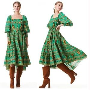 NWT $495 Alice + Olivia Rowen Square Neck Midi Dress Ethnic Bohemian Print XS